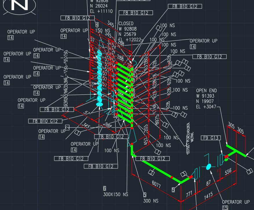 AutoCAD's own isometric output: leaders crossing the drawing, repeated tags and overlapping dimensions.