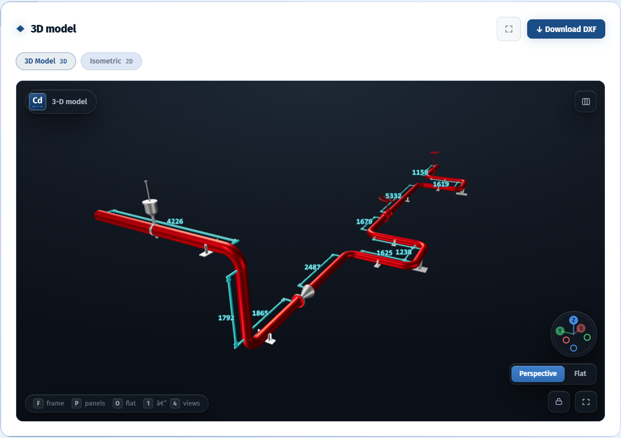 The Cadmium app on a desktop monitor: the 3D model tab, with the piping run in red, cyan dimension callouts, pipe supports, a view cube and a perspective-or-flat toggle.